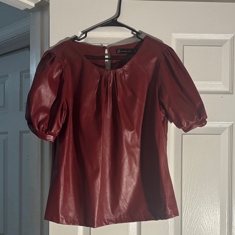 New York & Company Deep Red Faux Leather Puff Sleeve Blouse
